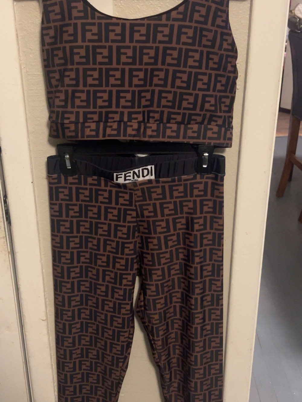 Fendi Brown & Black FF Logo Crop Top and Leggings Set